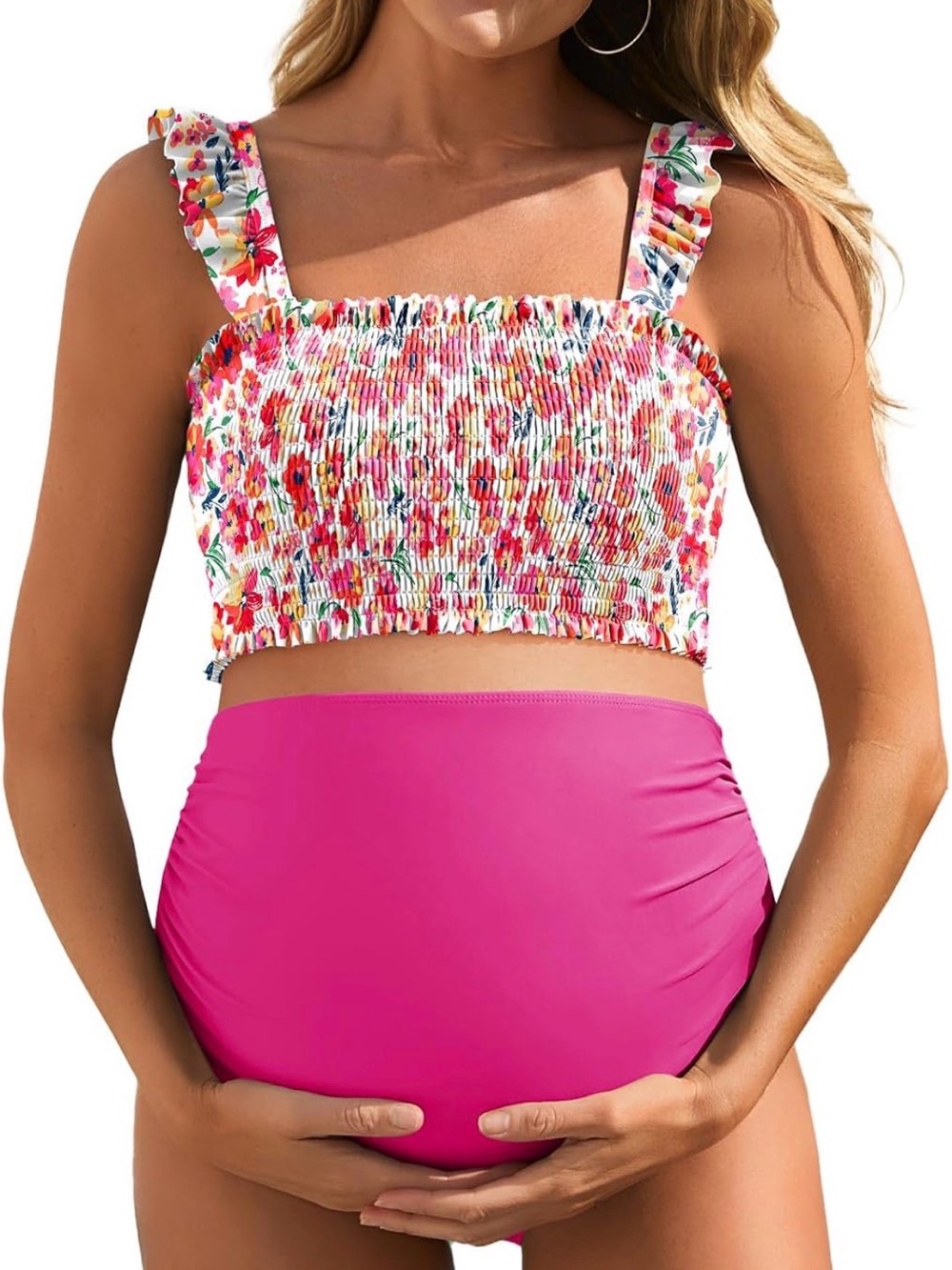 Maternity Swim Two-Piece – Pink Floral Smocked Top & Pink Bottom